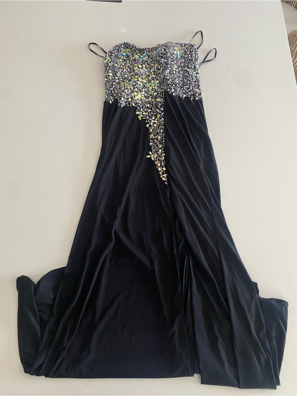 Crystal Doll Black Strapless Evening Gown with Iridescent Crystal Bodice